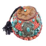 Antique Tibetan coral carnelian and turquoise encrusted ceremonial bridal headdress, fabric lined,