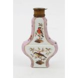 19th century German porcelain scent flask of vase form, with painted bird and floral decoration,