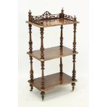 Victorian walnut and marquetry-inlaid three tier whatnot,