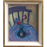 *Margaret Thomas (1916 - 2016), oil on board - still life of roses in a vase, monogrammed,