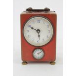 Late 19th century miniature travelling alarm clock with white enamel dial with blue Arabic numerals