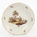18th century Ludwigsburg porcelain saucer with polychrome painted fisherman by harbour and floral