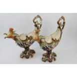 Pair impressive late 19th century Eichwald Continental boat-shaped Majolica vases with winged lion