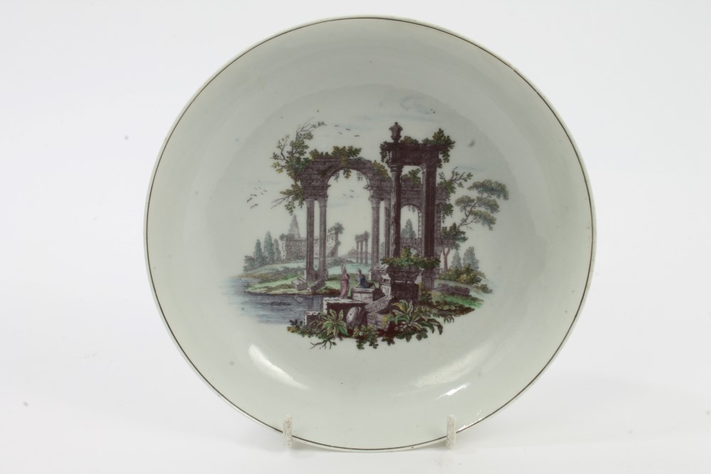 18th century Worcester Hancock printed and painted saucer dish decorated with classical ruins