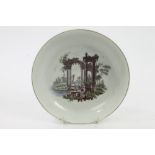 18th century Worcester Hancock printed and painted saucer dish decorated with classical ruins