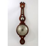 Regency inlaid mahogany banjo-shaped barometer thermometer with silvered dials, signed - Fisher,