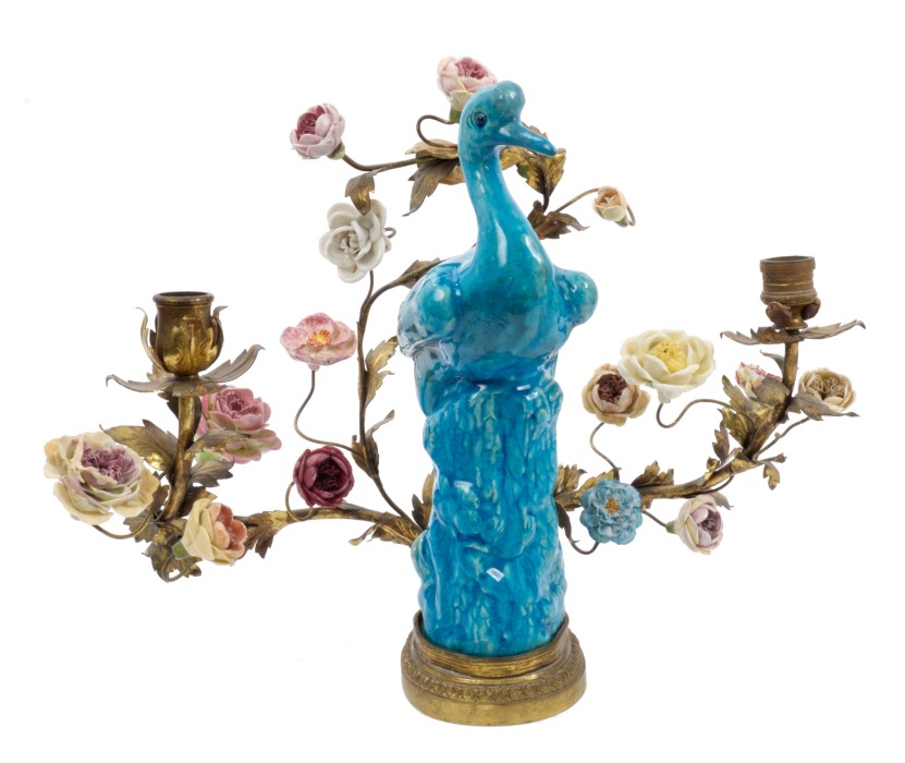 Late 19th century Louis XIV revival turquoise glazed bird with twin gilt metal candle sconces and