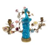 Late 19th century Louis XIV revival turquoise glazed bird with twin gilt metal candle sconces and