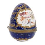 18th century Staffordshire enamel bonbonniere in the form of an egg, with hinged cover,