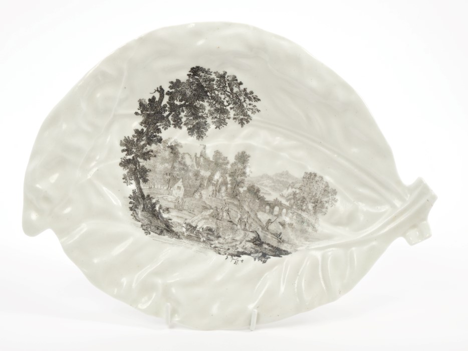 18th century Worcester Hancock printed leaf-shaped dish decorated with landscape, figures and house,