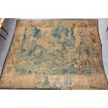 Large antique wall hanging, painted on canvas, extensive landscape with figures, animals,