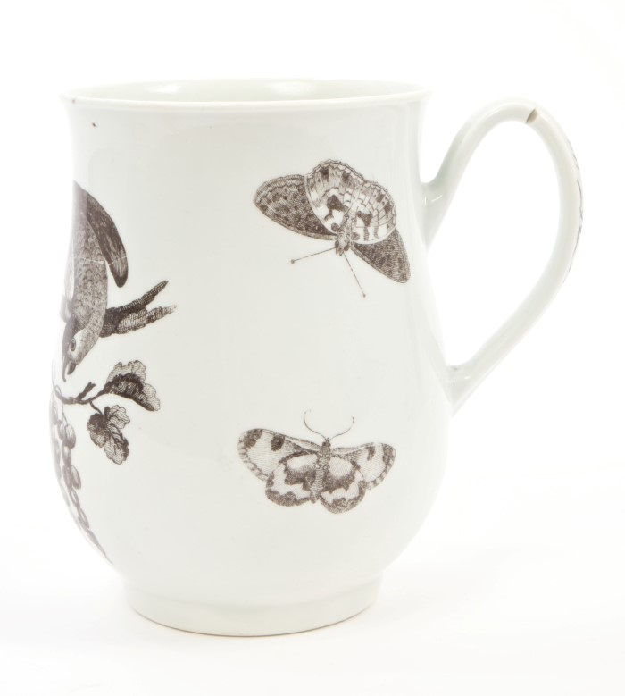 Rare 18th century Worcester Hancock printed 'parrot pecking fruit' pattern mug, circa 1760,