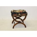 Late Regency rosewood X-frame stool with tapestry seat,