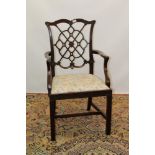 Good quality Chippendale-style mahogany open elbow chair with drop-in seat and blind fret