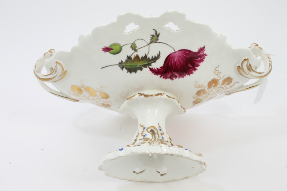 Early 19th century George Grainger botanical oval tazza with twin scroll handles, - Image 4 of 6