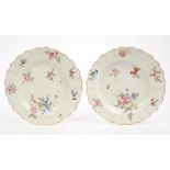 Pair 18th century Worcester Giles polychrome painted plates decorated with floral sprigs and sprays