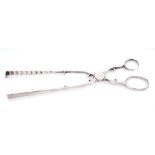 Rare pair mid-18th century silver asparagus tongs with scissor-action and circular box hinge,