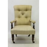 Early Victorian open armchair with buttoned cream upholstery,