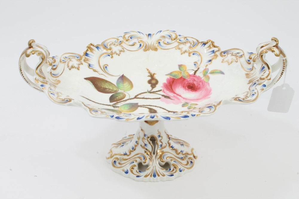 Early 19th century George Grainger botanical oval tazza with twin scroll handles,