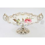 Early 19th century George Grainger botanical oval tazza with twin scroll handles,