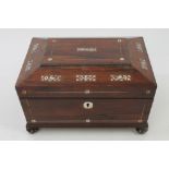 Victorian rosewood and mother of pearl inlaid needlework box of sarcophagus form,