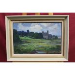 Henry Collins (1910 - 1994), oil on canvas board - landscape with buildings beyond, signed,