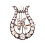 Victorian diamond brooch in the form of a lyre, applied with initial K,