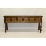 Good 17th century-style oak dresser base with moulded top and three short geometric moulded drawers