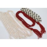 1920s coral beaded sautoir necklace with tassel ends,