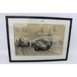 George Lane (20th century), charcoal with white heightening - Taking a Corner, signed,