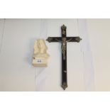 Early 20th century Continental crucifix with metal mounts, 46cm, plus a bust of The Virgin Mary,