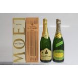 Three bottles of champagne - Moet & Chandon, boxed, Taittinger, boxed and Chanoine,