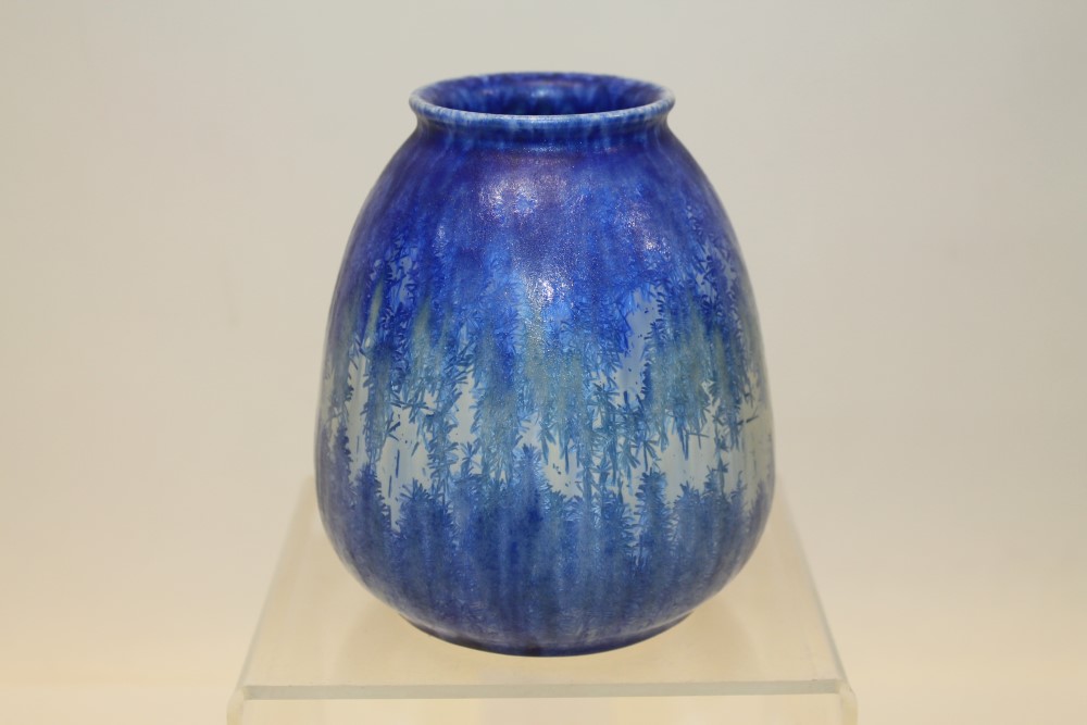 1930s Ruskin pottery ovoid-shape vase with blue crystaline snowflake glaze, impressed - Ruskin 1938,