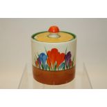 Clarice Cliff Crocus pattern preserve pot and cover of cylindrical form, printed marks to base,