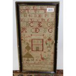George III needlework sampler with house, peacock, trees and flowers, dated 1822,