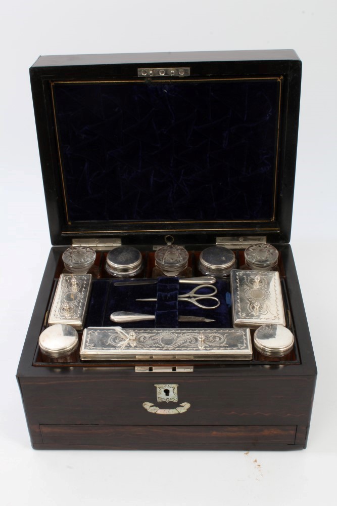 Fine early Victorian Coromandel and mother of pearl inlaid vanity case fitted with silver plate