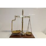 Pair 19th century brass shop scales with weights to 2lbs, weights marked - V.R.