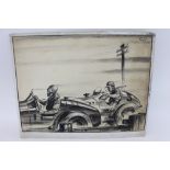 George Lane (20th century), mixed media illustration of two racing drivers, signed, 28cm x 34.