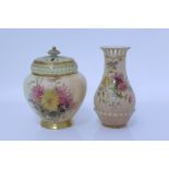 Good quality three piece Royal Worcester pot pourri jar and cover with floral decoration on blushed
