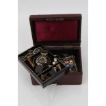 Leather jewellery box containing vintage jewellery - including rhinestone buckles,