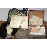 Vintage accessories - including two 'Kelly' style handbags, 1930s white metal mesh bag, gloves,