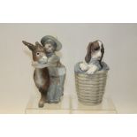 Lladro porcelain figure of girl with donkey and one other of a dog in wicker basket (2)