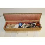 Fabric box containing treen sewing items, jewellery,