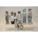 Seven Lladro figures - Choirboys, boy with football, boy with fishing rod, girl with squeezebox,