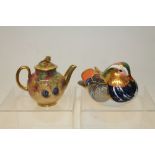 Royal Worcester miniature teapot with hand-painted fruit decoration, by T. Null, signed, 8.