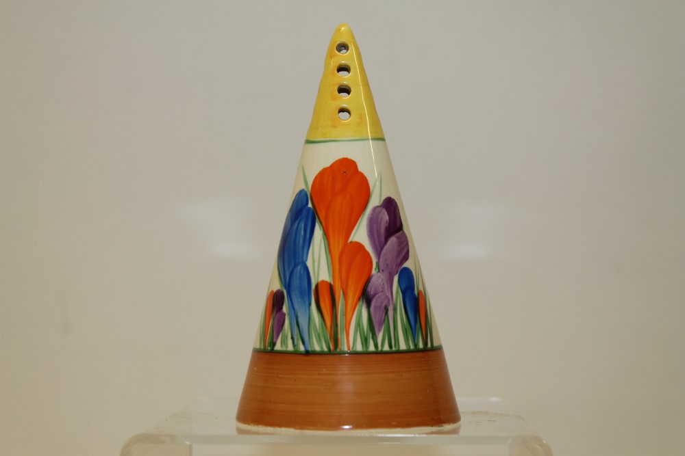 Clarice Cliff Crocus pattern conical-shaped sugar sifter / caster, printed marks to base,