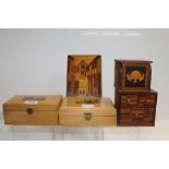 Two Victorian Mauchline ware boxes - Warkworth Castle, miniature chest of drawers,