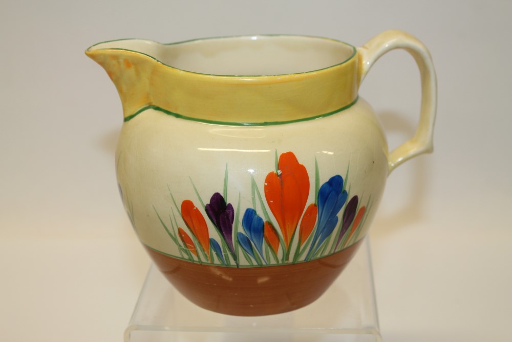 Clarice Cliff Bizarre range Crocus pattern jug, printed marks to base, 13.