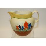 Clarice Cliff Bizarre range Crocus pattern jug, printed marks to base, 13.