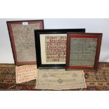 Group of five George III and Victorian needlework samplers (framed and unframed)